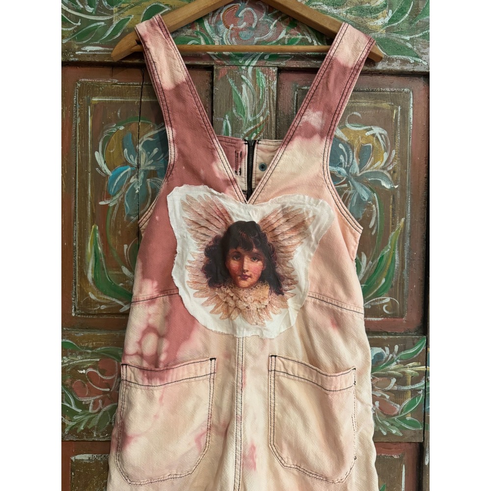 Upcycled Angel Jumpsuit XS Free People Pink Hand Distressed Cotton - Picture 4 of 7